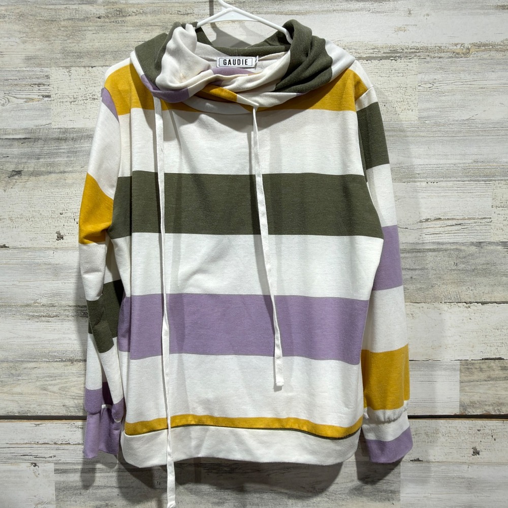 Gaudie Striped Cowl Neck Hoodie Women Small Mardi Gras Colorblock Casual GUC*